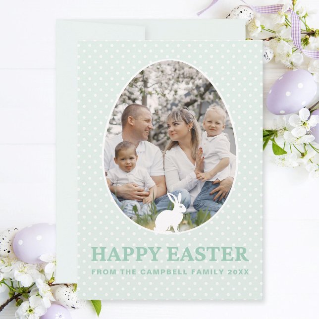 Kute på kanin, äggformade foto-Påsk i Ram Julkort (Modern Happy Easter family photo card with cute Easter bunny and text elements in pastel mint.)