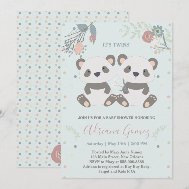 Kute Panda Bears Twillingars Baby Shower-inbjudan Inbjudningar (Fram/baksida)