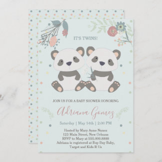 Kute Panda Bears Twillingars Baby Shower-inbjudan Inbjudningar