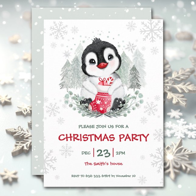 Kute Penguin-julfest i Snö Inbjudningar (Cute Penguin Snow Christmas Party Invitation)