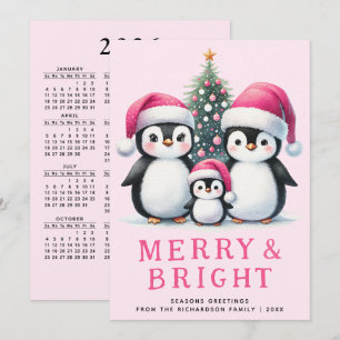 Kute Penguins familj Merry & Bright Rosa jul Julkort