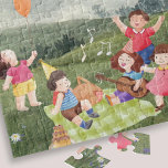 Kute Picnic Birthday Kids Girl Party Favor Pussel<br><div class="desc">Den här roligten och det söta pusslet på barnen har en glatt picknick omgiven av natur, färskt luft och soligt himlar. Vi ser barn leka, en kitflygning, en ballong, en tårta, en gitarr, en picknick basket och en liten fågel sitta på en ballong. Det här söta och trevliga pusslet gör...</div>