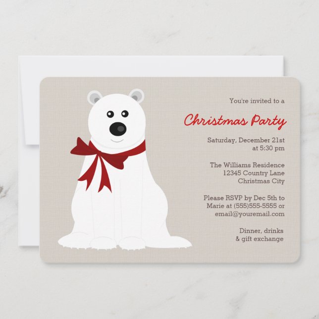 Kute Polar Bear med Red Bow jul Party Inbjudningar (Framsida)