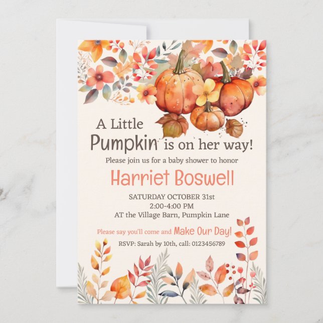 Kute Pumpkin Baby Shower-inbjudan, EDITABLE Inbjudningar (Framsida)