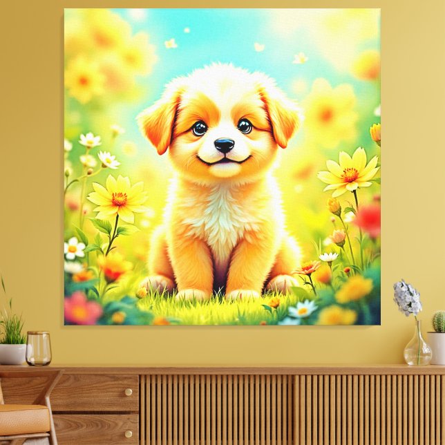 Kute Puppy Flower Art Canvastryck (Insitu (Vardagsrum))
