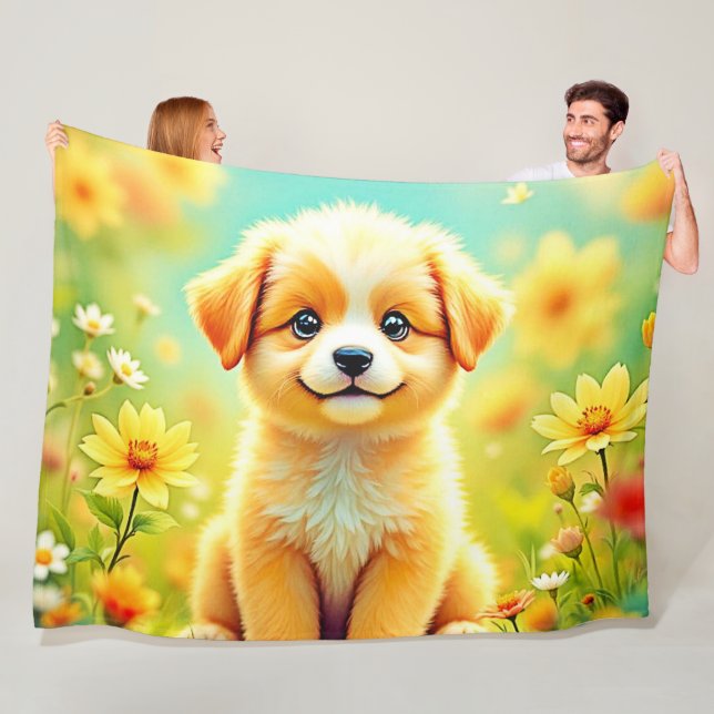 Kute Puppy Flower Art Fleecefilt (På plats)