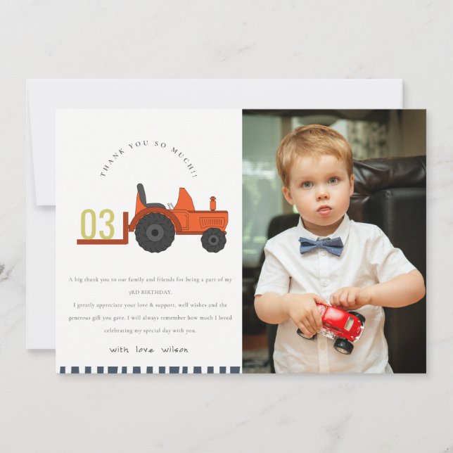 Kute Red Rust Farm Tractor Kids Photo Birthday Tack Kort (Framsida)