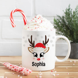Kute Reindeer Girl Santa Hat Custom Name jul Kaffemugg