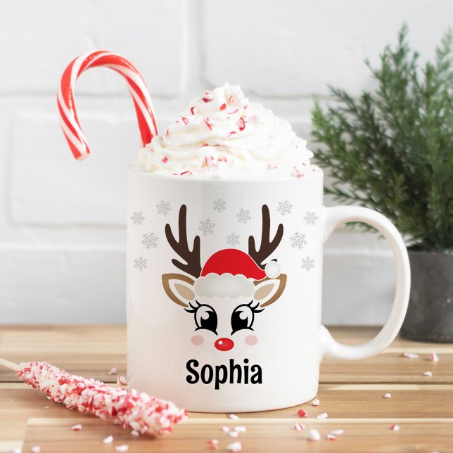 Kute Reindeer Girl Santa Hat Custom Name jul Kaffemugg (Skapare uppladdad)