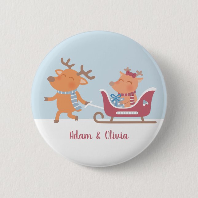 Kute Reindeer Pulls Sleigh-julknapp Knapp (Framsida)