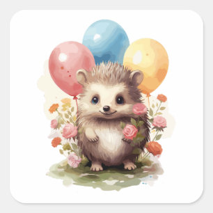 Kute Retro Watercolor Hedgehog med ballonger Fyrkantigt Klistermärke