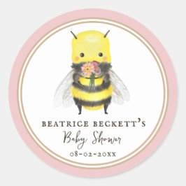 Kute Rosa Bee and Wildblomma Baby Shower Sticker Runt Klistermärke