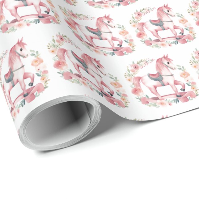 Kute Rosa Flicka Rocking Horse Gift Wrapping Presentpapper (Rullad Hörn)