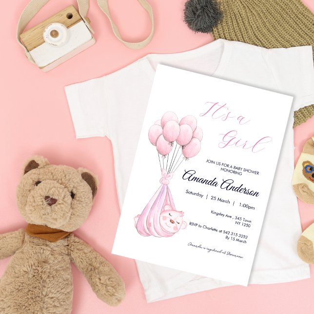 Kute Rosa Girl Bear Balloon Baby Shower-inbjudan Inbjudningar (Cute Pink Girl Bear Balloon Baby Shower Invite)