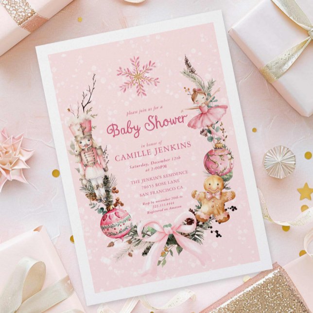 Kute Rosa, jul, babyskor Inbjudningar (Pink Winter Holiday Baby Shower Invitation)