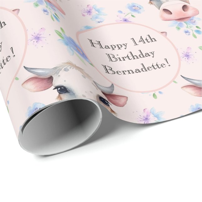 Kute Rosa Vattenfärgsmatning Stil Cow Farm Animal  Presentpapper (Rullad Hörn)