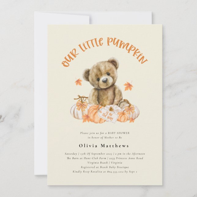 Kute Rustic Bear med Pumpkins Autumn Baby Shower Inbjudningar (Framsida)