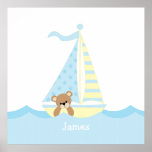 Kute Sailboat Bear Nursery Wall Art Poster
