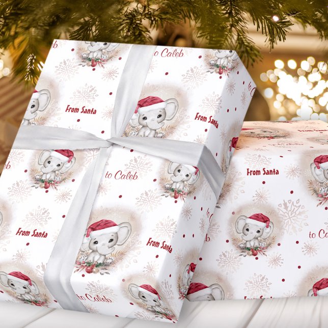 Kute Santa Elephant Red White Boy Namn jul Presentpapper (Cute Santa Elephant Red White Boy Name Christmas Wrapping Paper)