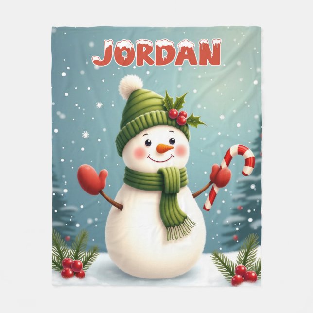 Kute Snögubbe juldesign med eget namn Fleecefilt (Framsidan)