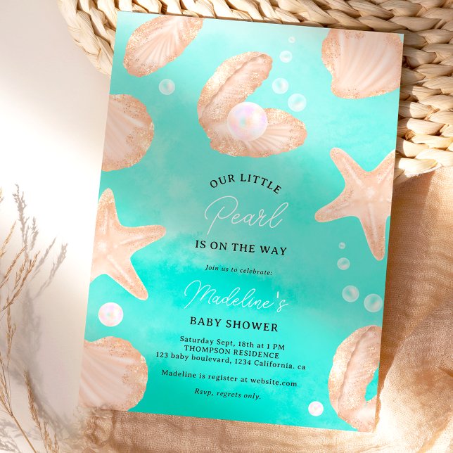 Kute sommarhavets lilla babydusch inbjudningar (Cute summer ocean little pearl baby shower blue ocean  invitation)