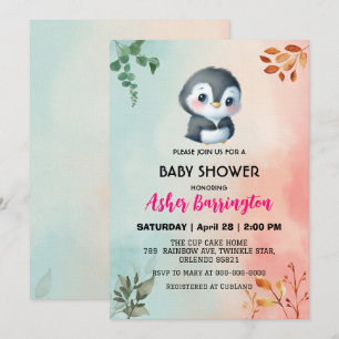 Kute, söt penguin, barn som duschar i Vår-blomman Inbjudningar