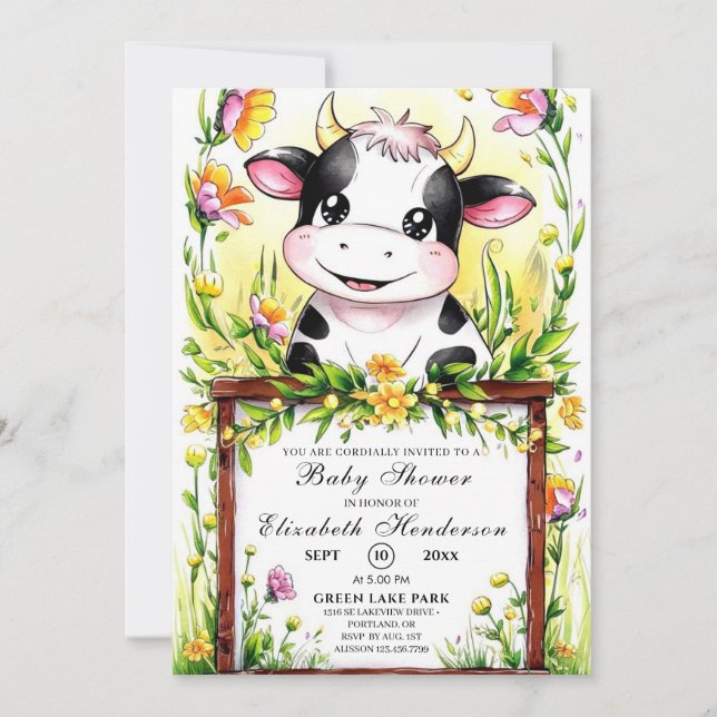 Kute stuvning Whimsical Cow Baby Shower Inbjudningar (Framsida)