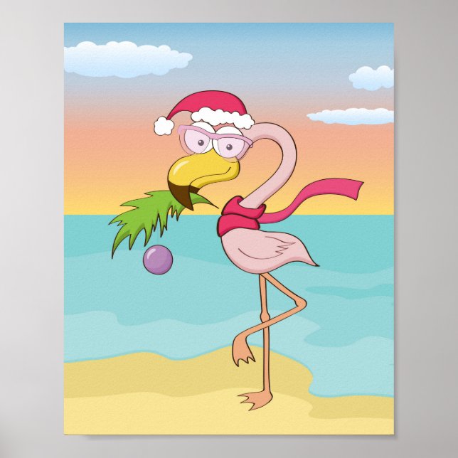 Kute tecknad: Julflamingo på stranden Poster (Framsidan)