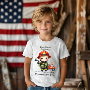 Kute, unga brandmän i röda redskap t shirt