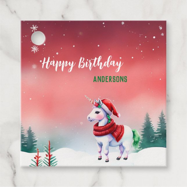 Kute unicorn julafton snö party gåvor etiketter (Framsida)