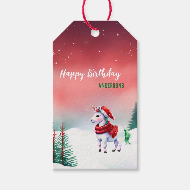 Kute unicorn julafton snö party presentetikett (Framsidan)
