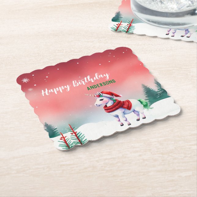 Kute unicorn julafton snö party underlägg papper (Vinklad)