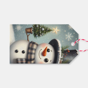 Kute, vit jul/vinter snögubbe presentetikett