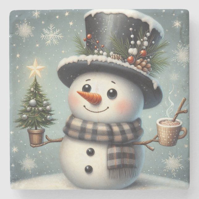 Kute, vit jul/vinter snögubbe stenunderlägg (Framsidan)