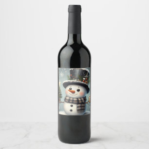 Kute, vit jul/vinter snögubbe vinflaska etikett