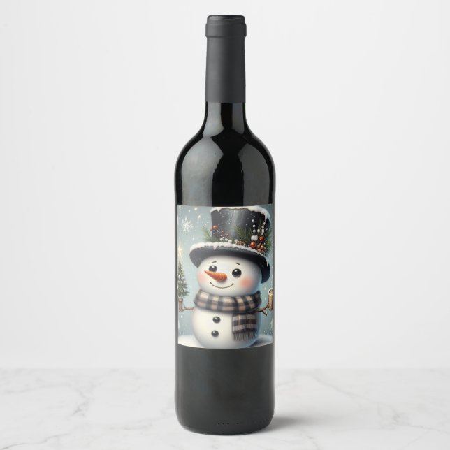 Kute, vit jul/vinter snögubbe vinflaska etikett (Framsida)