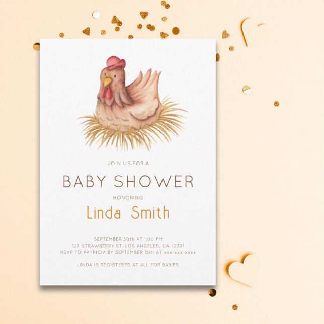 Kute Watercolor Chicken Baby Shower Inbjudningar (Skapare uppladdad)