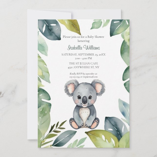 Kute Watercolor Koala Bear Baby Shower Inbjudningar (Framsida)