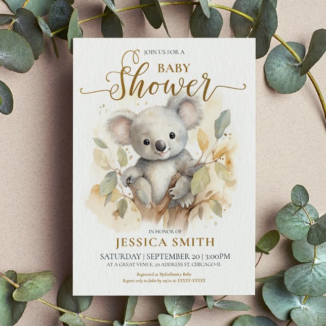Kute Watercolor Koala Bear Baby Shower Inbjudningar (This “aussie-ome” koala baby shower invitation is almost too much sweetness to “bear”.)