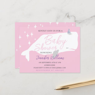 Kute White Whale Girl Baby Shower-inbjudan för Ros Vykort