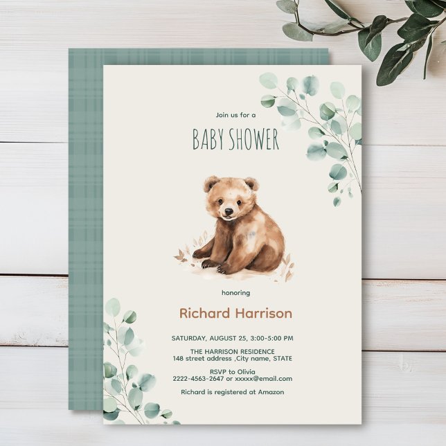 Kutskog löv är en inbjudan till babydusch (Watercolor bear sage green beige eucalyptus Minimalistic watercolor gender neutral baby shower)