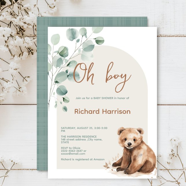 Kutskog löv är en inbjudan till babydusch (Watercolor bear sage green beige eucalyptus Minimalistic watercolor gender neutral baby shower)