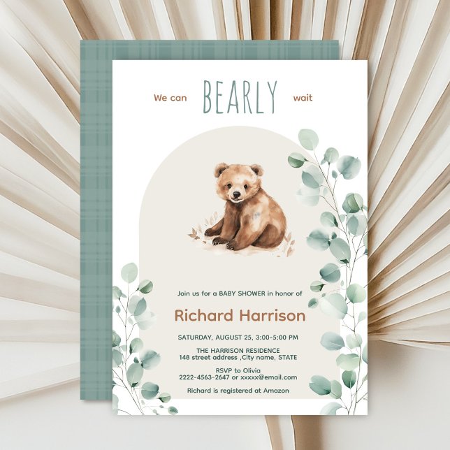 Kutskog löv är en inbjudan till babydusch (Watercolor bear sage green beige eucalyptus Minimalistic watercolor gender neutral baby shower)