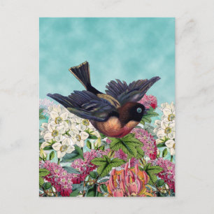 Kutstfågel med blå öga som flyger över blommor vykort