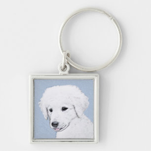 Kuvasz Painting - Cute Original Hund Art Fyrkantig Silverfärgad Nyckelring