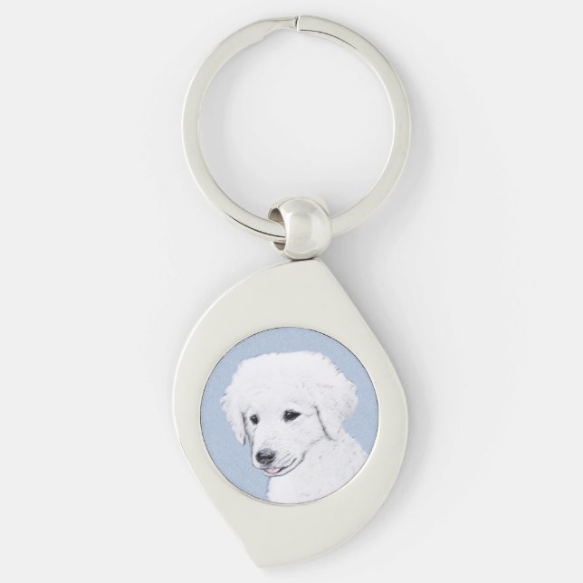 Kuvasz Painting - Cute Original Hund Art Swirl Silverfärgad Nyckelring (Framsidan)