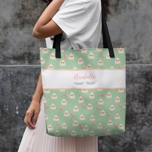 Kuvert och blommor Mönster med Namn Tote Bag Tygkasse (Skapare uppladdad)