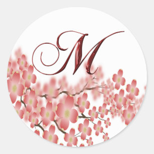Kuvert Seal Blommar Dogwood M Monogram Bröllop Runt Klistermärke