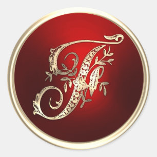 Kuvertförsegling av guld och rött monogram F Runt Klistermärke