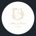 Kuvertförsegling för kuvertförslutning för Guld-sk Runt Klistermärke<br><div class="desc">Elegant faux guld-skriptförseglingsetikett för det klassiska kuvertet för blommigt i monogram vapensköld i bröllop.</div>